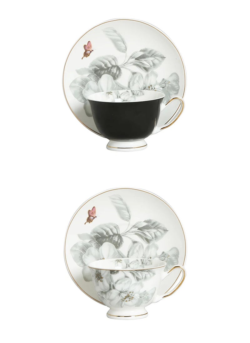 Harmonia New Bone China 2-Piece Coffee Cup Set – Gray & Black Natural Pattern by Lucky Art