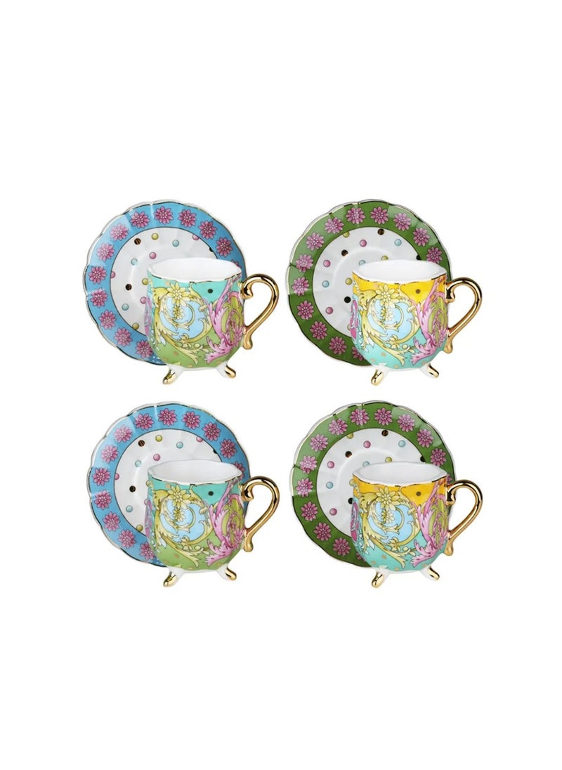 Estelle Bone China Porcelain Mixed Patterned 4-Piece Footed Turkish Coffee Cup Set