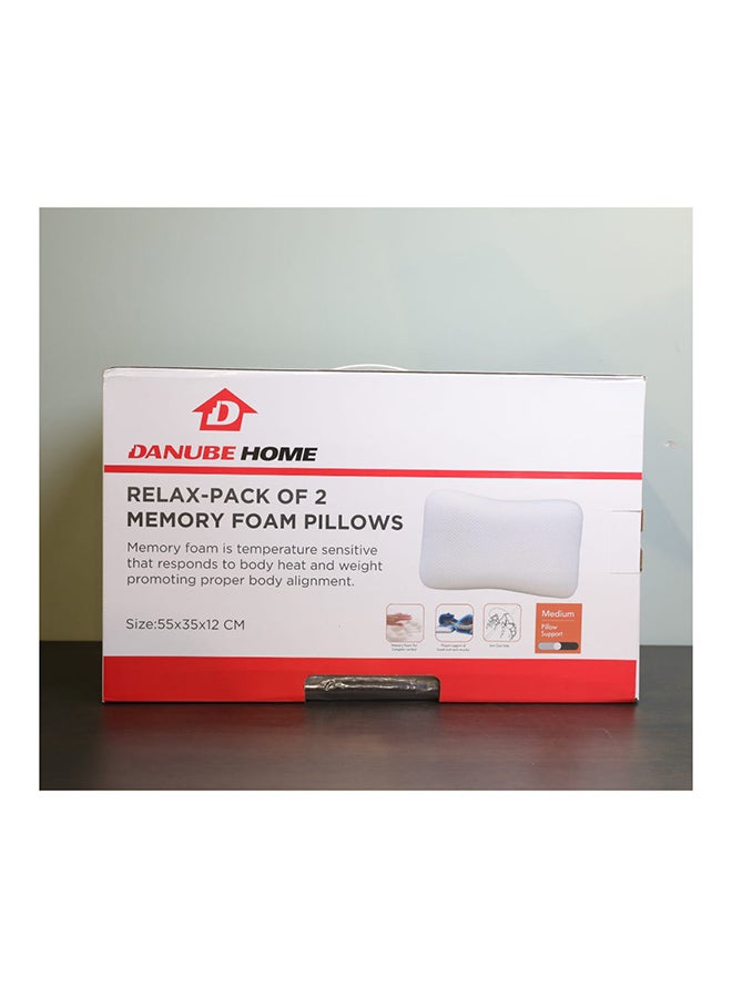 Relax Memory Foam Pillow 2 Pieces Hypoallergenic Side And Back Sleeping Pillows For Neck And Shoulder Support Polyester White 55x35x12cm
