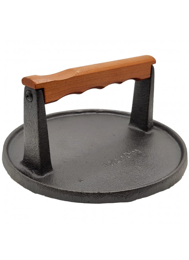 Mr. Bar-B-Q 06681Y Cast Iron Grill Press | Pre-Seasoned Base & Hardwood Handle Burger Press | Cooks Food Evenly | Ridges on Bottom | Keeps Food in Contact with Grill Surface | 7 Inch Cast Iron Press