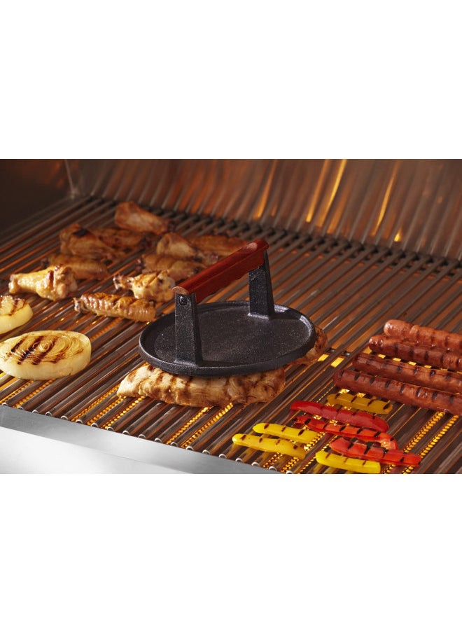 Mr. Bar-B-Q 06681Y Cast Iron Grill Press | Pre-Seasoned Base & Hardwood Handle Burger Press | Cooks Food Evenly | Ridges on Bottom | Keeps Food in Contact with Grill Surface | 7 Inch Cast Iron Press