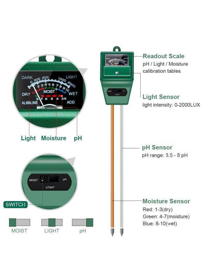 SONKIR Soil pH Meter, MS02 3-in-1 Soil Moisture/Light/pH Tester Gardening Tool Kits for Plant Care, Great for Garden, Lawn, Farm, Indoor & Outdoor Use (Green), 2 Packs