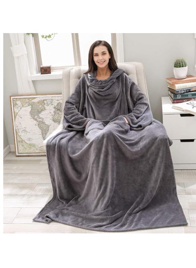 Super Soft Warm Comfy Large Fleece Plush Wrap Robe Wearable Blanket With Sleeves For Adult