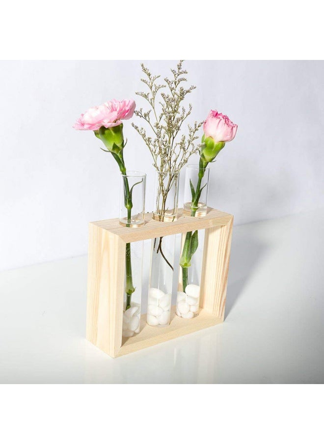 Mkono Wall Hanging Plant Propagation Glass Planter Station 5 Tubes with Wood Stand Flower Vase Desktop Terrarium for Propagating Hydroponic Cutting Plants, Home Office Decoration, Beige