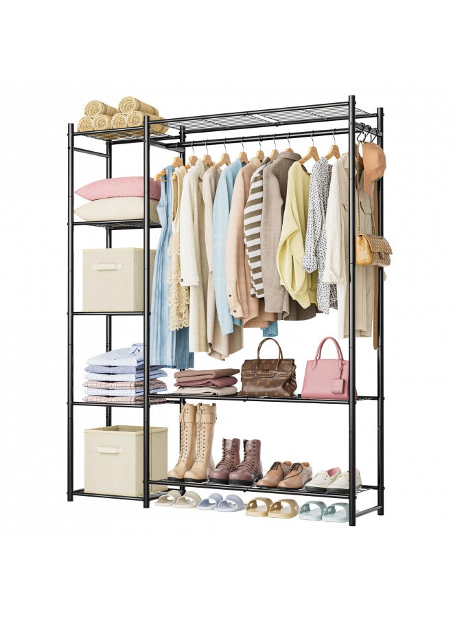 Wardrobe Closet,Portable Clothes Rack with 4 Tiers Shelves,Freestanding Closet Organizers and Storage System with Hanging Rods,Steel Clothing Rack Suitable for Cloakrooms,Bedrooms,Entrances,etc.Black