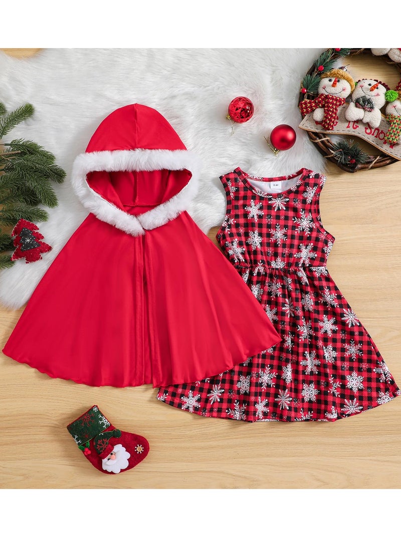 Christmas Dress Kid Toddler Christmas Outfit Sleeveless Buffalo Plaid Snowflake Print Dress+Hooded Cloak Velvet Cape Dress Up Clothes Kids Princess Dress Cosplay Clothes