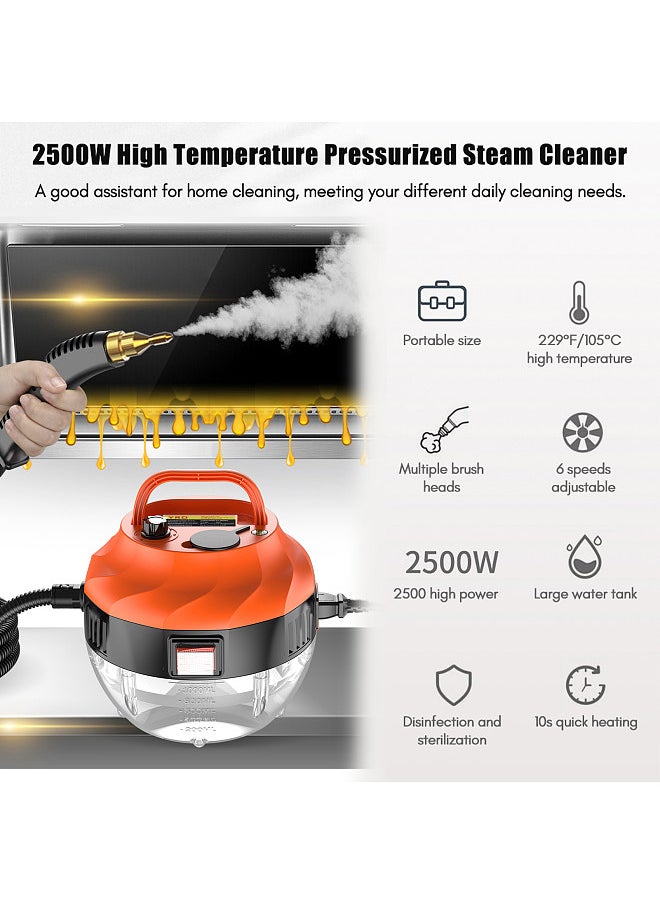 1500W Portable Handheld Steam Cleaner, High Temperature Pressurized Steam Cleaning Machine, with Brush Heads, for Kitchen Furniture Bathroom Car, Black/Orange