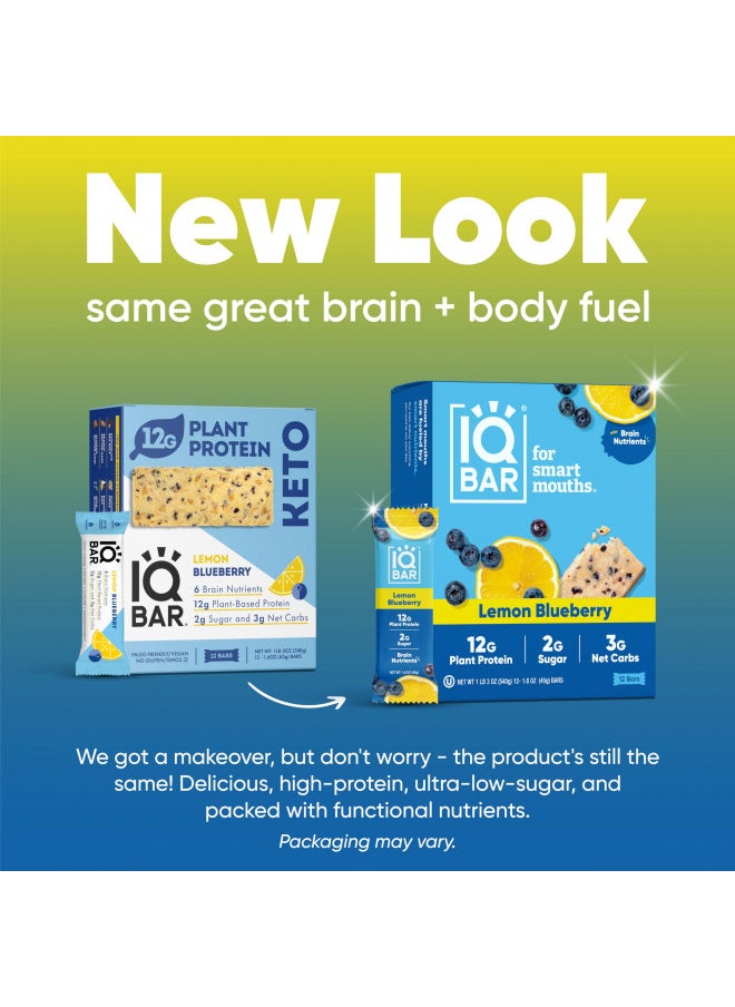 IQBAR Brain and Body Keto Protein Bars - Lemon Blueberry- 12-Count Energy Bars - Low Carb - High Fiber Vegan Bars and Low Sugar Meal Replacement Bars - Vegan Snacks