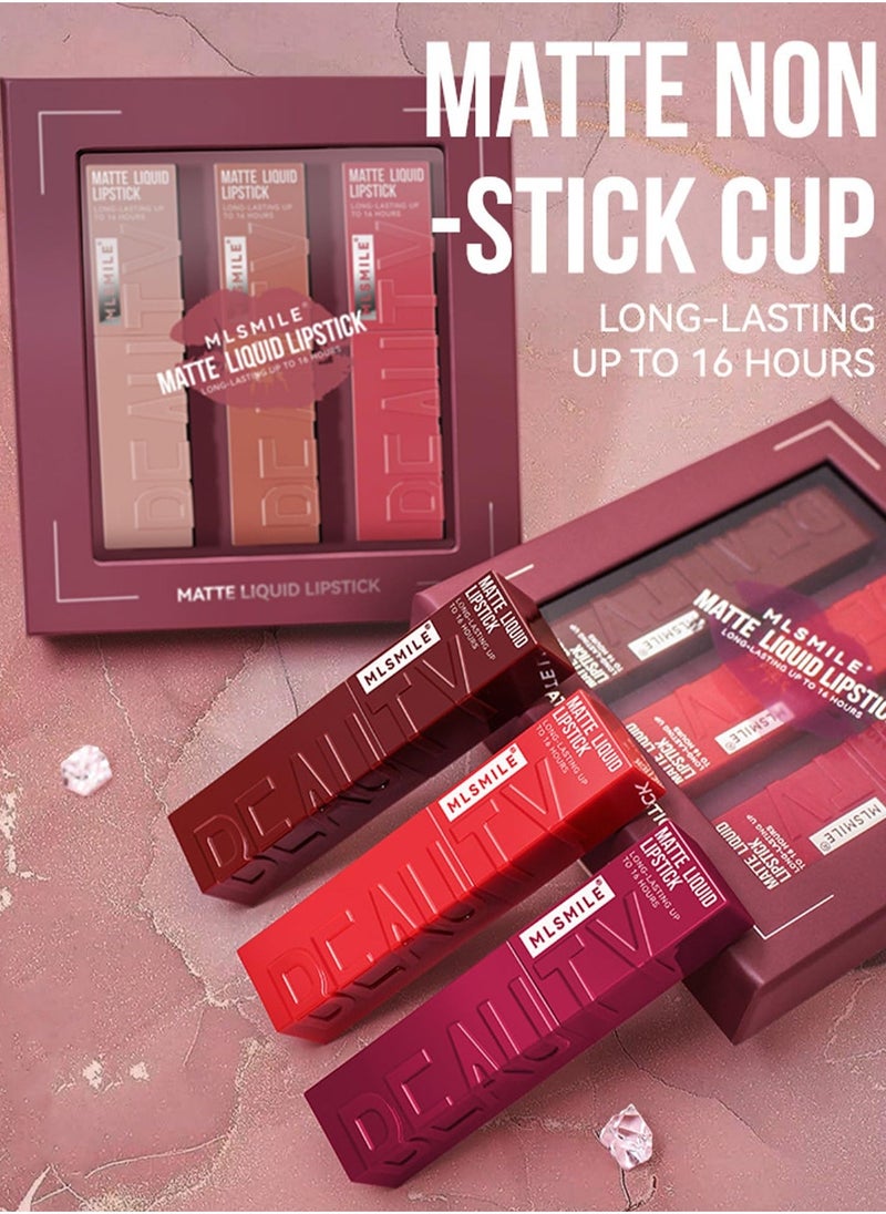 3 Pcs Matte Liquid Lipstick, Long Lasting Waterproof Not Fade Non Stick Cup Lip Balm, Nude High Pigmented Long Lasting Waterproof Velvet Moisturize Lip Gloss Set for Girls and Women