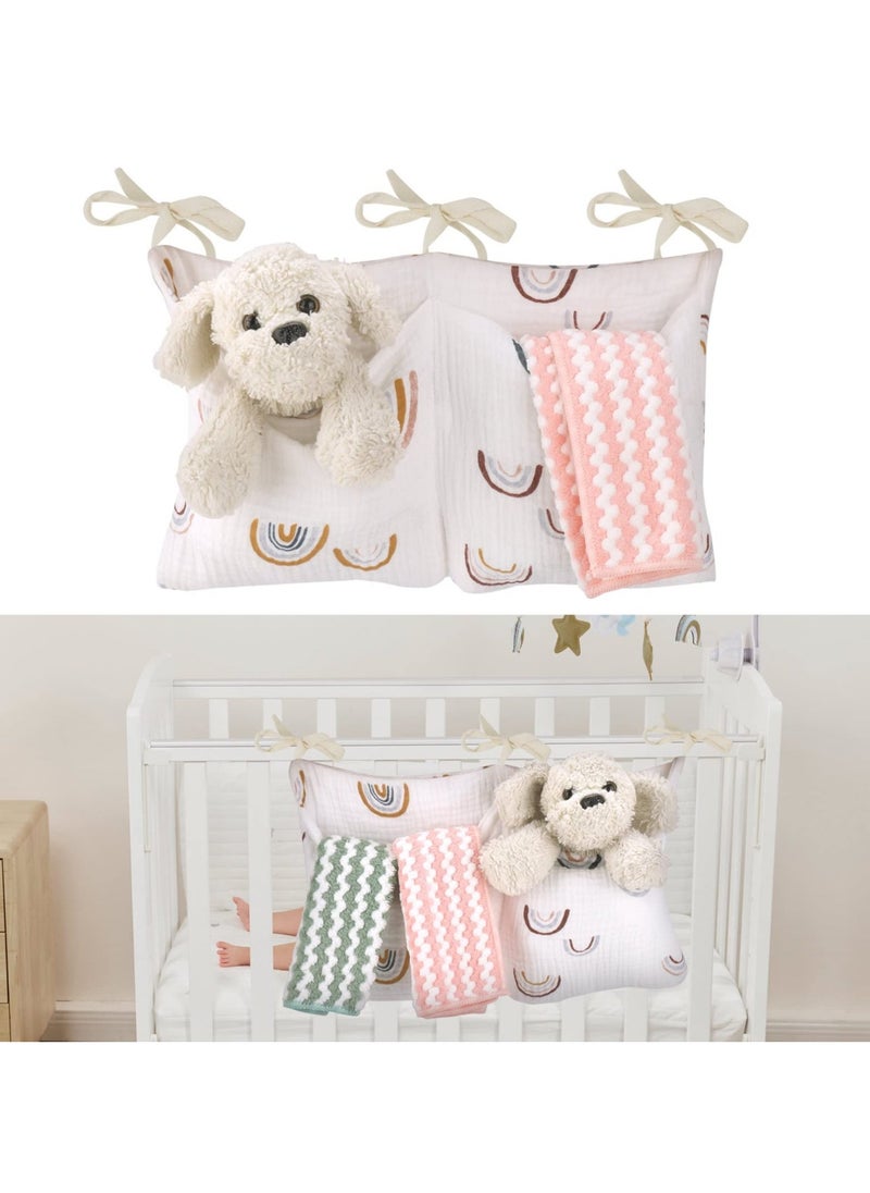 Hanging Storage Bag for Baby Bedside, Linen Baby Nursery Organizer, Small Baby Crib Organizer Bag with 2 Pockets, Baby Hanging Storage Bag for Bottles, Toys, Diapers and Nipples (Rainbow)