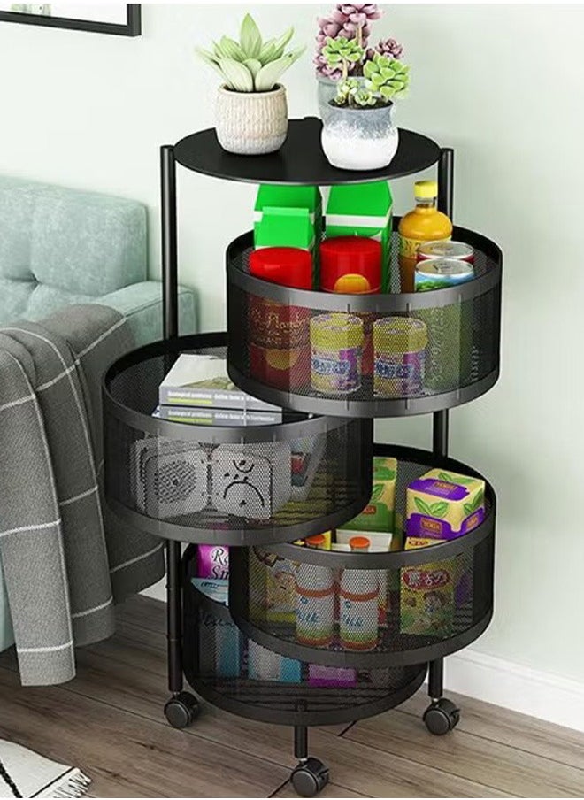 4-Layer Round Storage Rack, Kitchen Bathroom Living Room Floor-Standing Multi-Layer Storage Rack With Wheels, Black