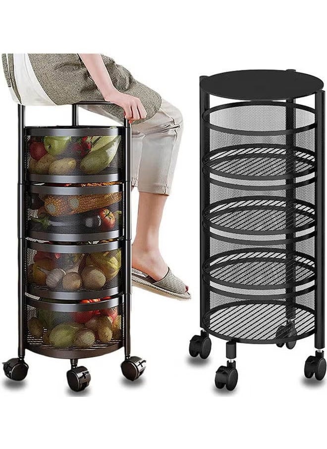 4-Layer Round Storage Rack, Kitchen Bathroom Living Room Floor-Standing Multi-Layer Storage Rack With Wheels, Black