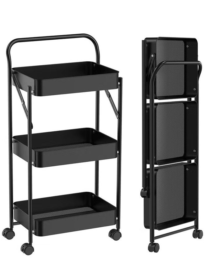 3-Layer Foldable Storage Rack, Practical Trolley, Mobile Storage Organizer With Lockable Wheels, Black