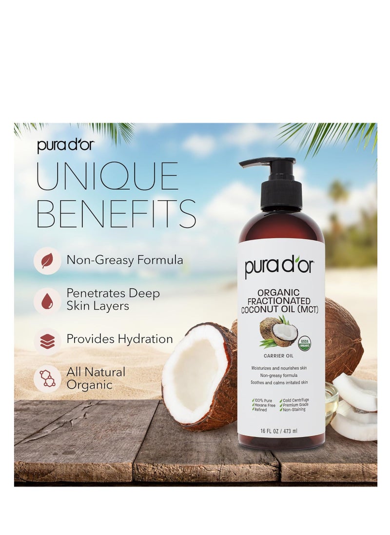 PURA D'OR 16 Oz ORGANIC Fractionated Coconut Oil - MCT Oil - 100% Pure & Natural USDA Certified Cold Pressed Carrier Oil - Unscented, Hexane Free Moisturizer For Face, Skin & Hair Tonic - Men & Women