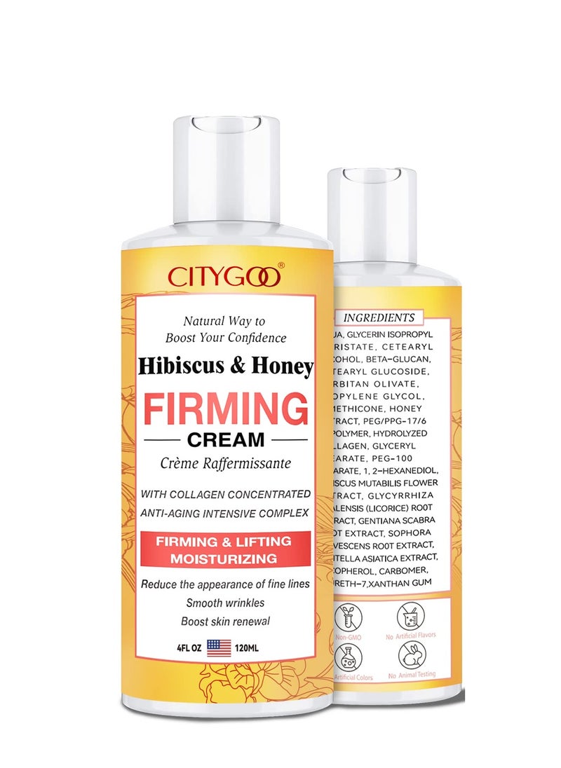 Hibiscus and Honey Firming Cream, Skin Tightening Lotion, Reduces the Look of Neck Lines, Tightens & Smooths - With Collagen & Hyaluronic Acid -4 FL OZ/120 ML