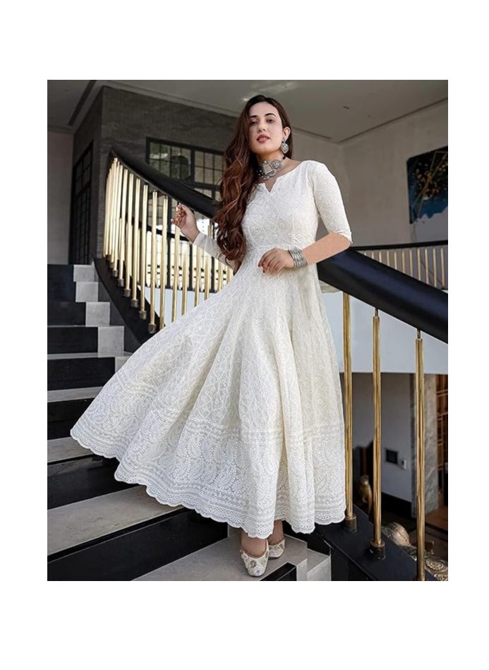 Women's White Color Chikankari Long Kurti Gown