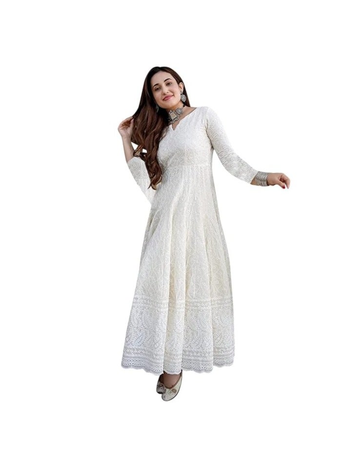 Women's White Color Chikankari Long Kurti Gown