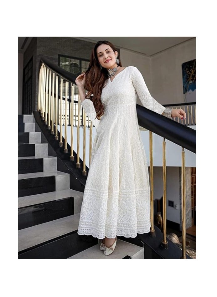 Women's White Color Chikankari Long Kurti Gown