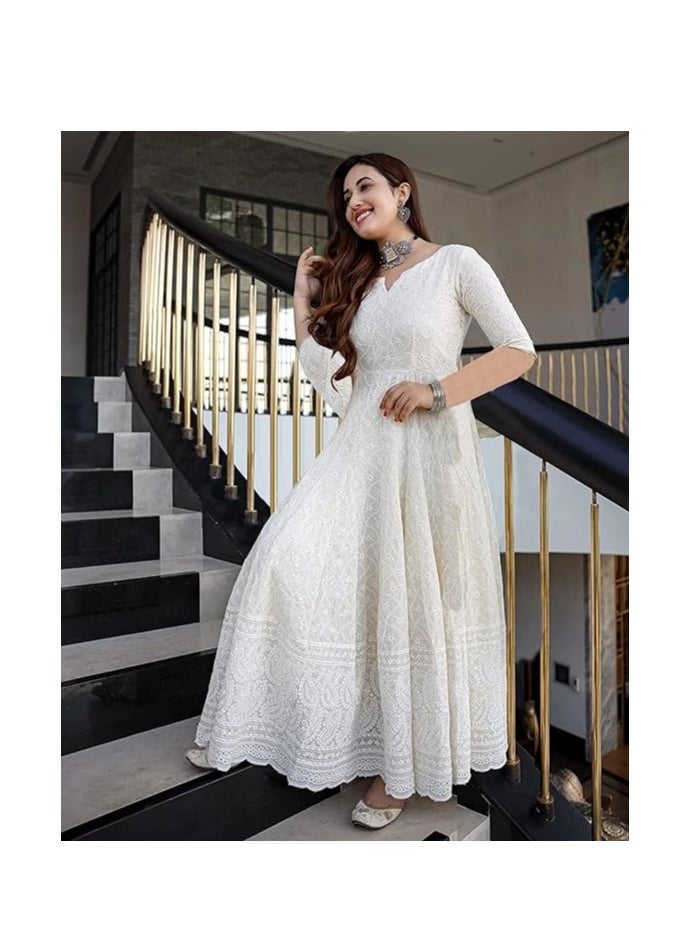 Women's White Color Chikankari Long Kurti Gown