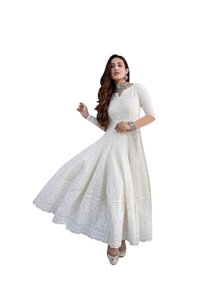 Women's White Color Chikankari Long Kurti Gown