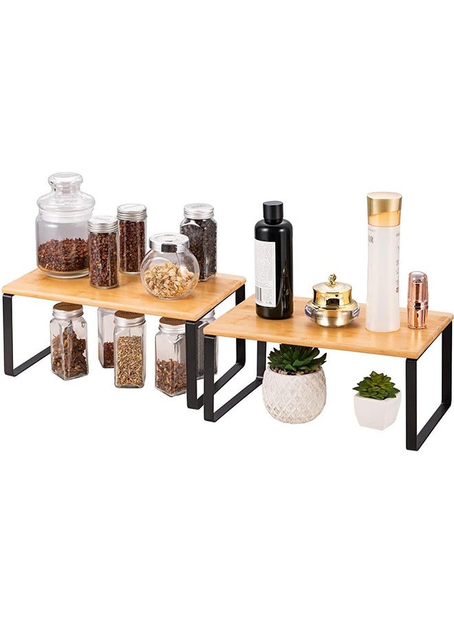 Cabinet Shelf Organizers, Set of 2 Kitchen Counter Shelves, Stackable, Expandable, Metal and Bamboo, Black and Natural