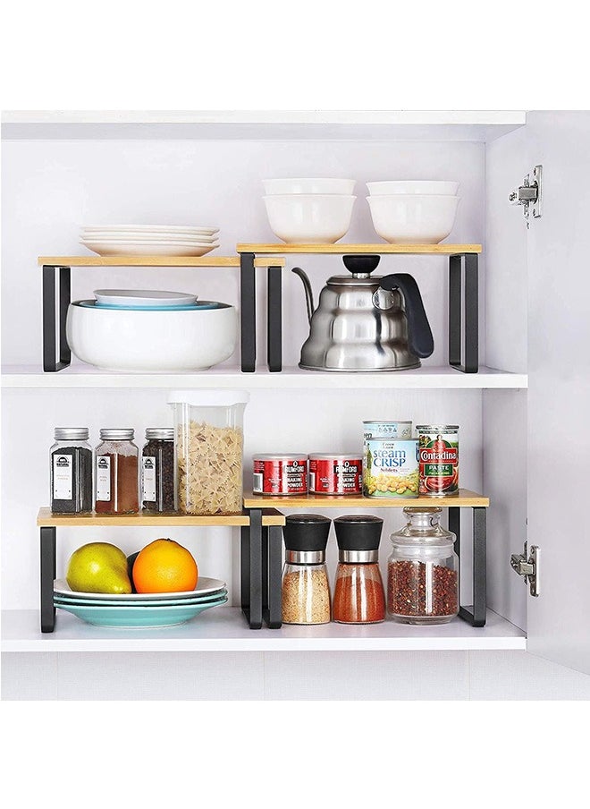 Cabinet Shelf Organizers, Set of 2 Kitchen Counter Shelves, Stackable, Expandable, Metal and Bamboo, Black and Natural