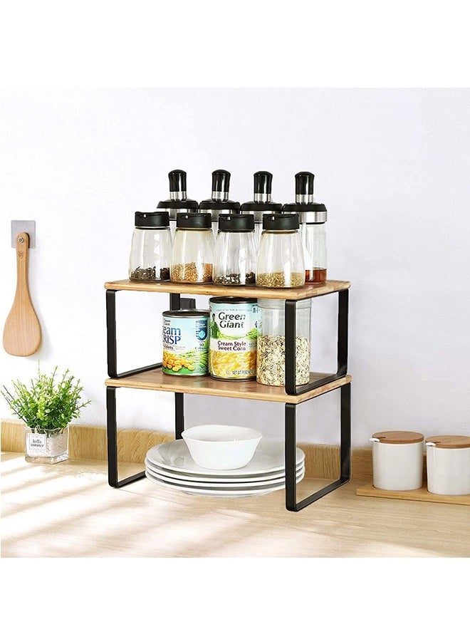 Cabinet Shelf Organizers, Set of 2 Kitchen Counter Shelves, Stackable, Expandable, Metal and Bamboo, Black and Natural