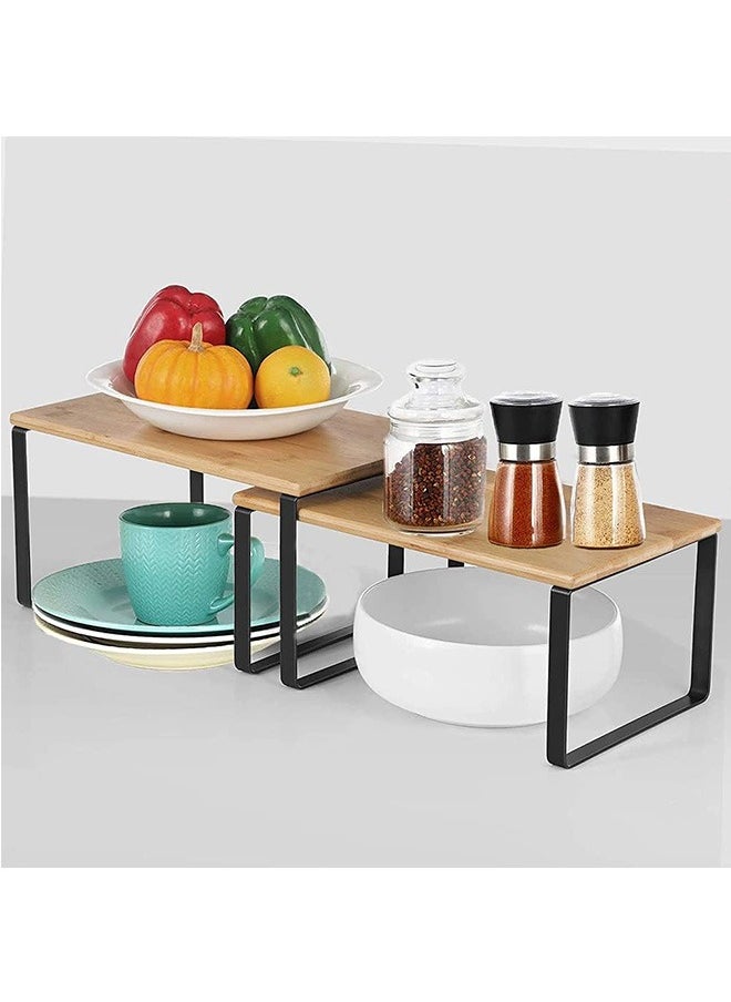 Cabinet Shelf Organizers, Set of 2 Kitchen Counter Shelves, Stackable, Expandable, Metal and Bamboo, Black and Natural