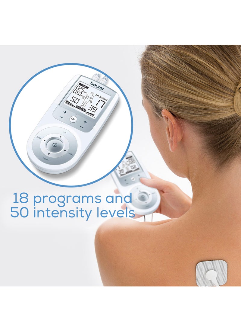EM49 PainFree Digital TENS and EMS Machine Drug-free natural pain relief 3-in-1 pain relief, rehabilitation and massage 70 training programmes 2 channels 4 self-adhesive electrodes