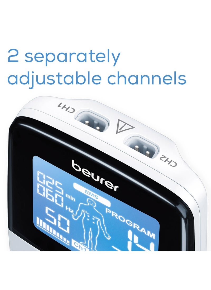 EM49 PainFree Digital TENS and EMS Machine Drug-free natural pain relief 3-in-1 pain relief, rehabilitation and massage 70 training programmes 2 channels 4 self-adhesive electrodes