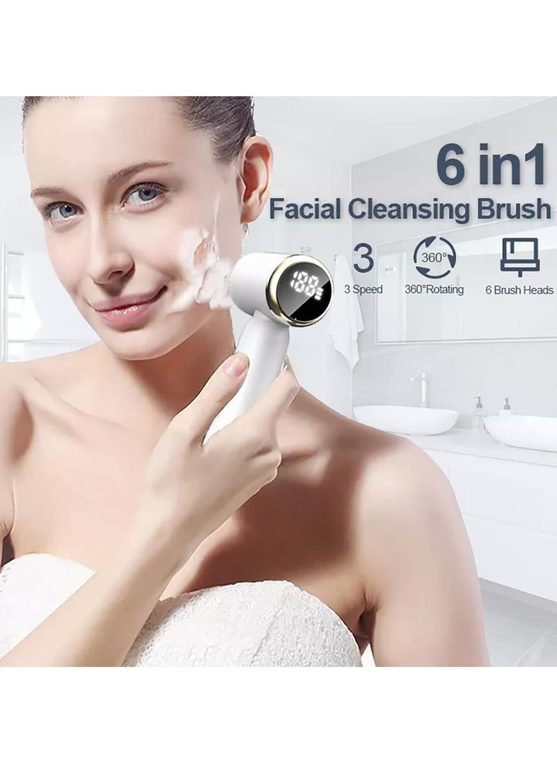 6 in 1 Electric Powered Facial Cleansing Brush, IPX6 Waterproof Facial Brush, 3 Speed Levels, Face Pore Cleaner with 6 Brush Heads