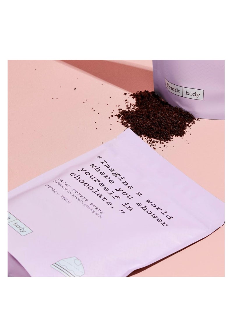 Frank Body Cacao Coffee Scrub | Natural, Vegan, Cruelty Free Exfoliating Body Scrub Smooths, Hydrates, and Nourishes Skin with Cacao Extract, Macadamia Oil, and Vitamins A, E, and D | 7.05 oz / 200 g