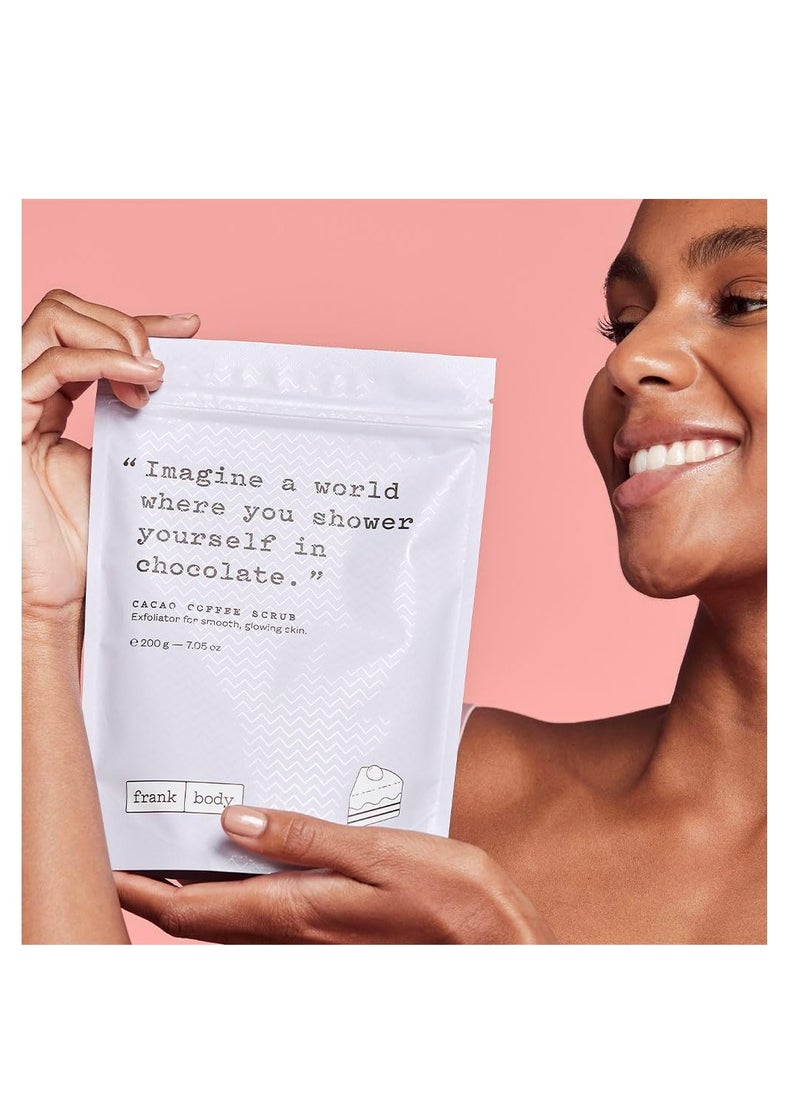Frank Body Cacao Coffee Scrub | Natural, Vegan, Cruelty Free Exfoliating Body Scrub Smooths, Hydrates, and Nourishes Skin with Cacao Extract, Macadamia Oil, and Vitamins A, E, and D | 7.05 oz / 200 g