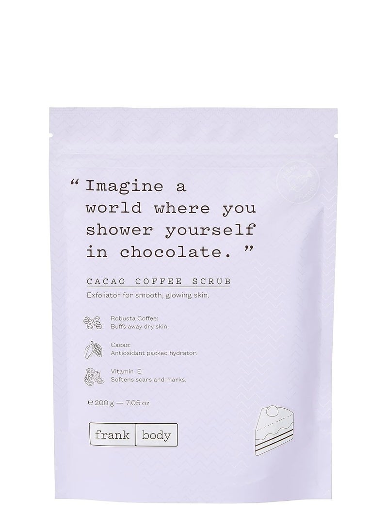 Frank Body Cacao Coffee Scrub | Natural, Vegan, Cruelty Free Exfoliating Body Scrub Smooths, Hydrates, and Nourishes Skin with Cacao Extract, Macadamia Oil, and Vitamins A, E, and D | 7.05 oz / 200 g