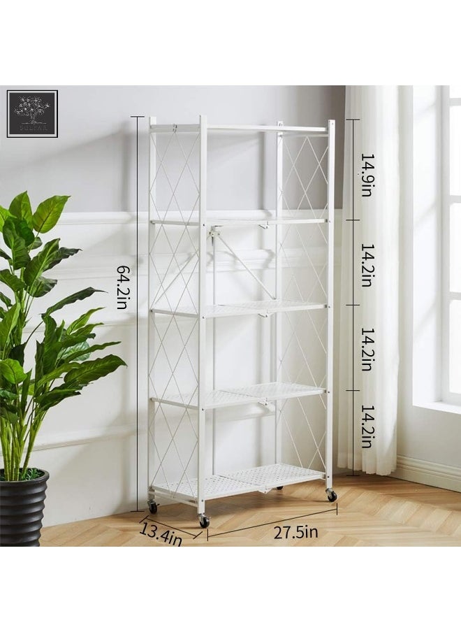 Sulfar 5 Tier Foldable Storage Shelves with Caster Wheels (White)