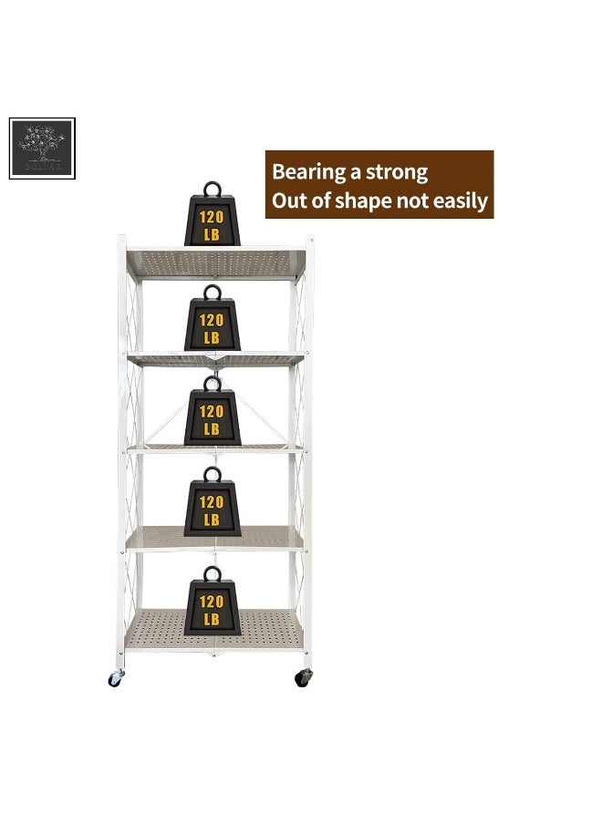 Sulfar 5 Tier Foldable Storage Shelves with Caster Wheels (White)