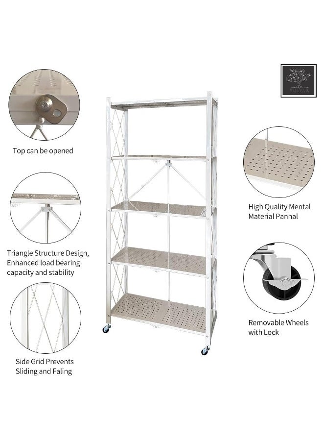 Sulfar 5 Tier Foldable Storage Shelves with Caster Wheels (White)