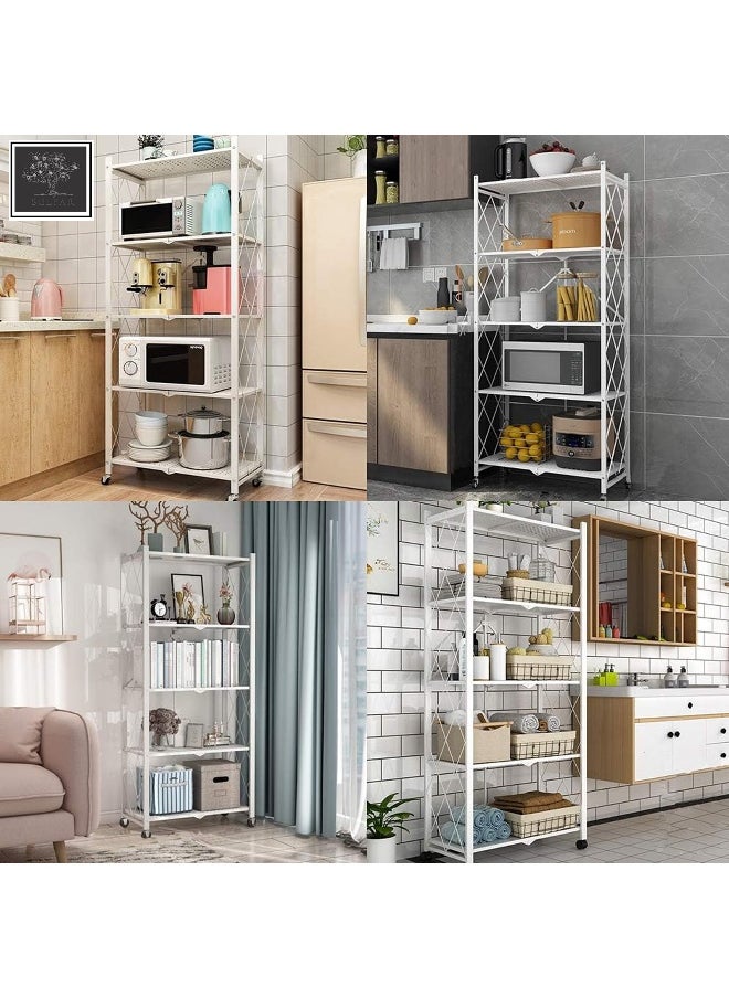 Sulfar 5 Tier Foldable Storage Shelves with Caster Wheels (White)