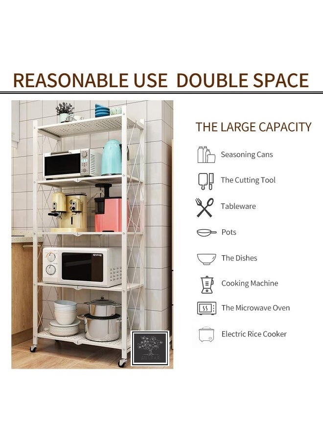 Sulfar 5 Tier Foldable Storage Shelves with Caster Wheels (White)