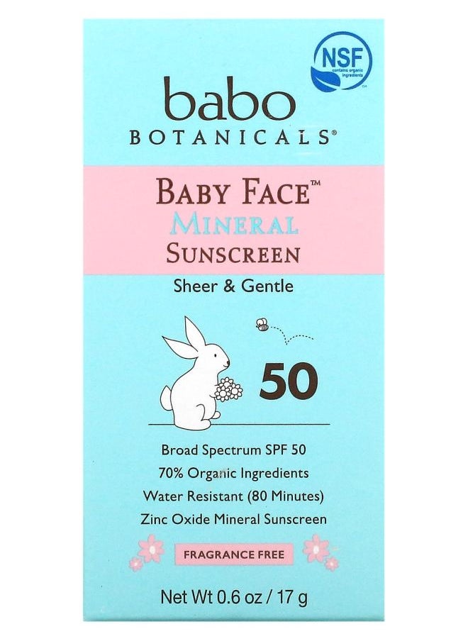 Baby Face Mineral Sunscreen Stick SPF 50 Fragrance Free 0.6 oz (17 g)