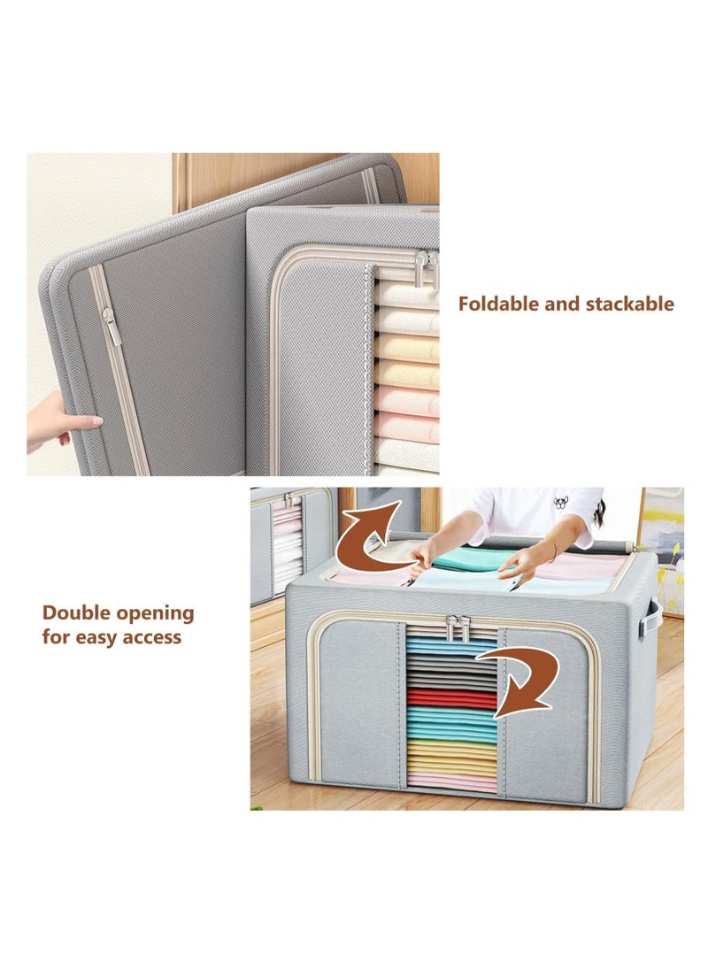 Clothes Storage Bins Metal Frame Clothes Storage Organizer Bedding Storage Bags with Zipper and Clear Windows, Closet Organizers and Storage Boxes Large 66L, Grey