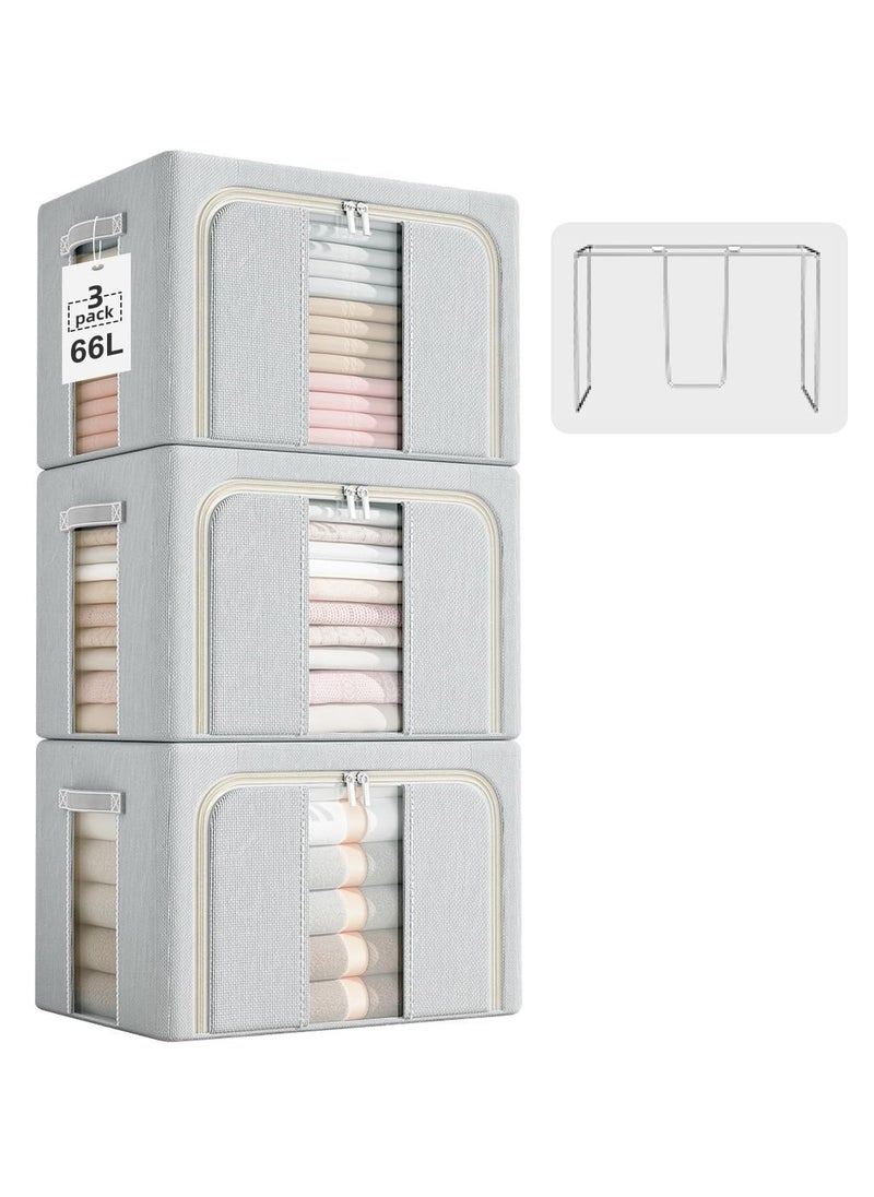 Clothes Storage Bins Metal Frame Clothes Storage Organizer Bedding Storage Bags with Zipper and Clear Windows, Closet Organizers and Storage Boxes Large 66L, Grey