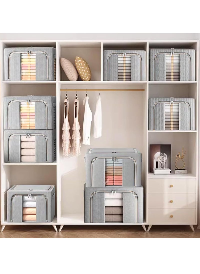 Clothes Storage Bins Metal Frame Clothes Storage Organizer Bedding Storage Bags with Zipper and Clear Windows, Closet Organizers and Storage Boxes Large 66L, Grey