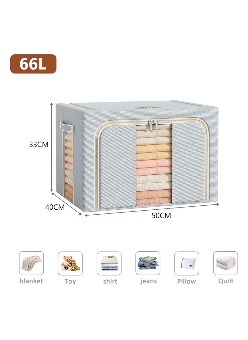 Clothes Storage Bins Metal Frame Clothes Storage Organizer Bedding Storage Bags with Zipper and Clear Windows, Closet Organizers and Storage Boxes Large 66L, Grey