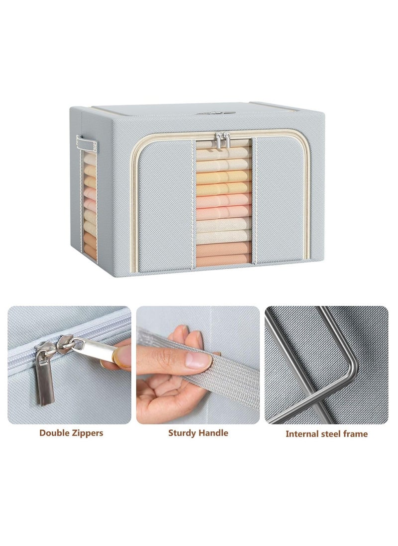 Clothes Storage Bins Metal Frame Clothes Storage Organizer Bedding Storage Bags with Zipper and Clear Windows, Closet Organizers and Storage Boxes Large 66L, Grey
