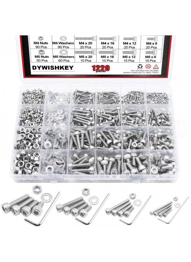 DYWISHKEY 1220 PCS M2 M3 M4 M5, 304 Stainless Steel Hex Socket Head Cap Bolts Screws Nuts Washers Assortment Kit with Hex Wrenches