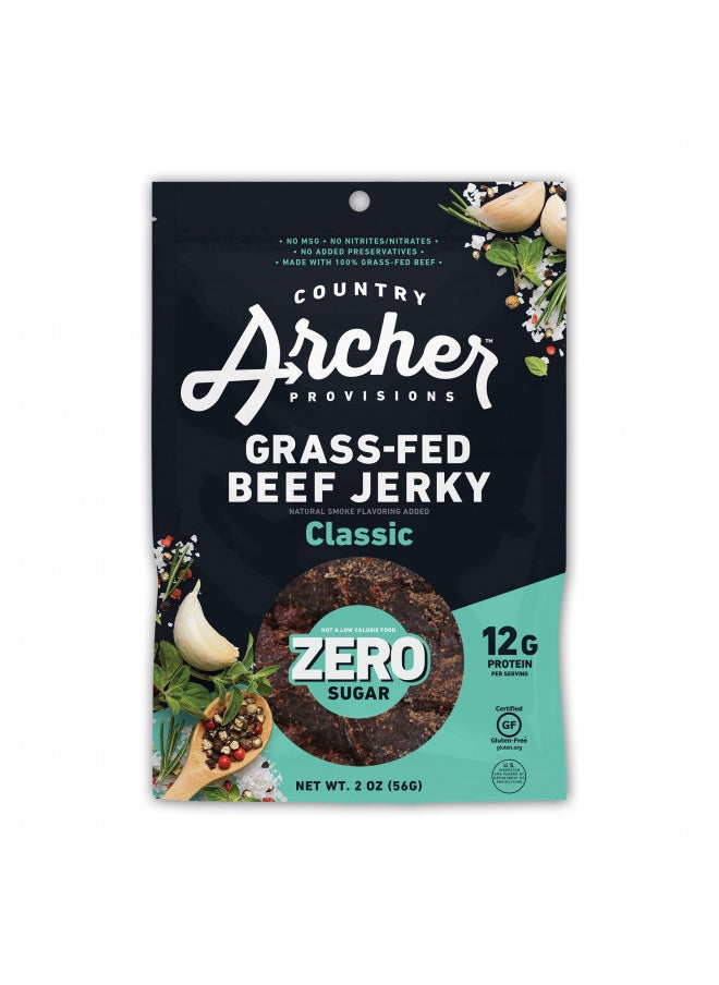 Zero Sugar Classic Beef Jerky by Country Archer, 100% Grass-Fed, Sugar Free, Gluten Free, Protein Snacks, 2 Ounce, 6 Pack