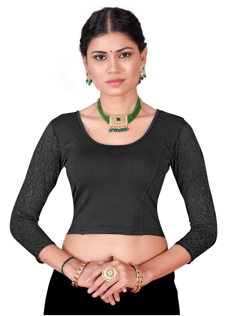 CRAZYBACHAT Readymade Designer Stretchable Blouse with ¾ Net Sleeves – Perfect for Sarees & Crop Tops