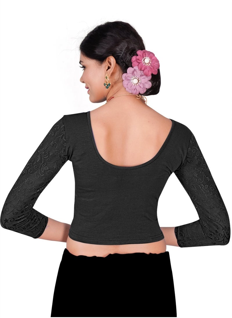 CRAZYBACHAT Readymade Designer Stretchable Blouse with ¾ Net Sleeves – Perfect for Sarees & Crop Tops