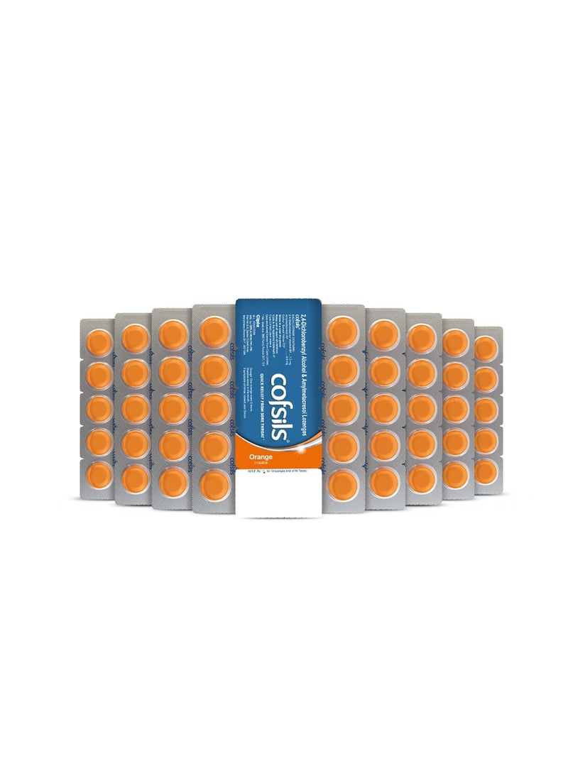 Cofsils Lozenges (100 Lozenges) | Orange Flavour | Quick Relief from Sore Throat, Itchy Throat and Scratchy Throat (10 x 10 Strips)